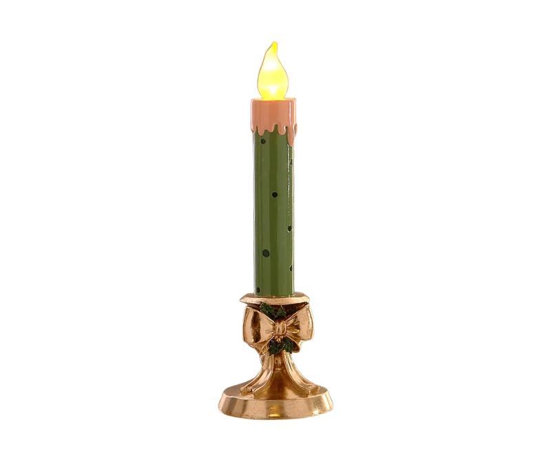 Bougie LED Noël résine vert pois bordeaux flamme LED chandelier doré nœud doré houx baies rouges H35cm