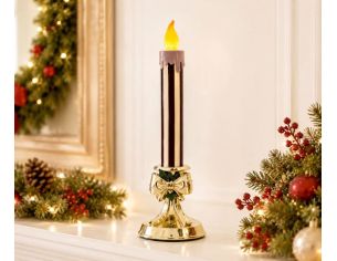 Bougie de Noël LED résine bordeaux et rose 38cm sur bougeoir doré avec nœud décoratif