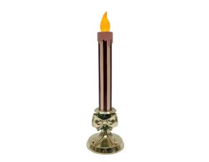 Bougie de Noël LED résine bordeaux et rose 38cm sur bougeoir doré avec nœud décoratif