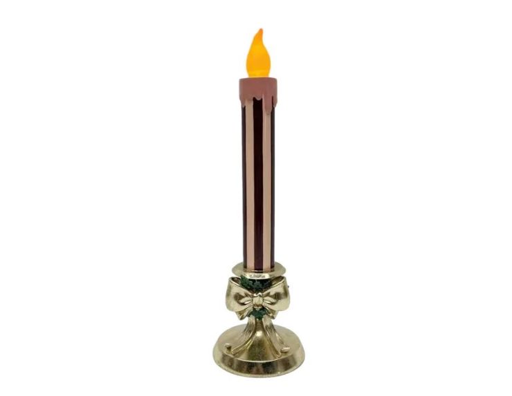 Bougie de Noël LED résine bordeaux et rose 38cm sur bougeoir doré avec nœud décoratif