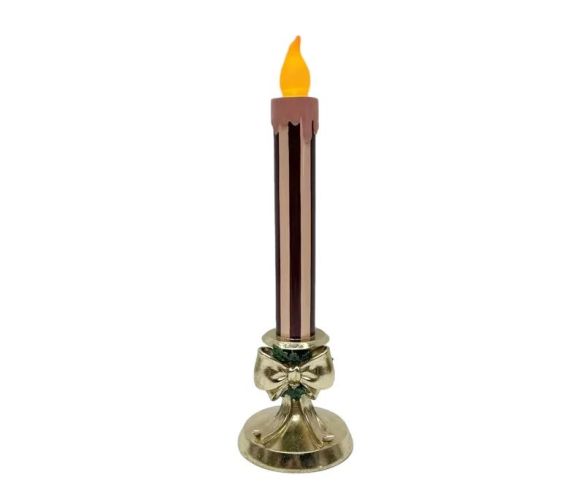 Bougie de Noël LED résine bordeaux et rose 38cm sur bougeoir doré avec nœud décoratif