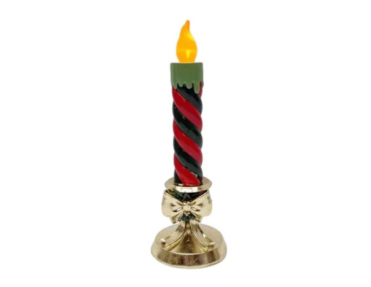 Bougie de Noël LED résine torsadée rouge et vert 32cm sur bougeoir doré avec nœud