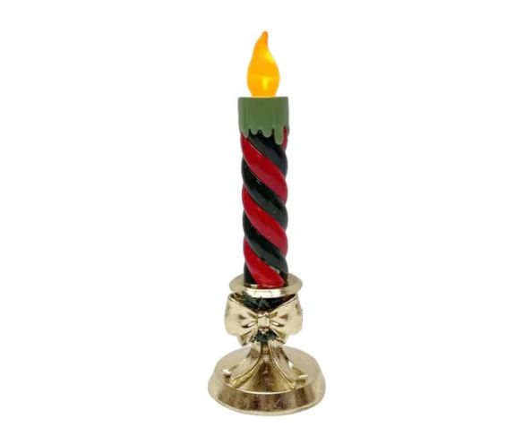 Bougie de Noël LED résine torsadée rouge et vert 32cm sur bougeoir doré avec nœud