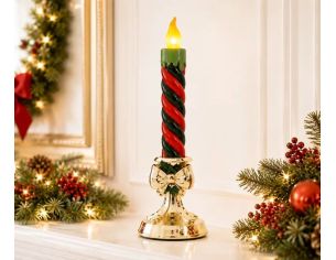 Bougie de Noël LED résine torsadée rouge et vert 32cm sur bougeoir doré avec nœud