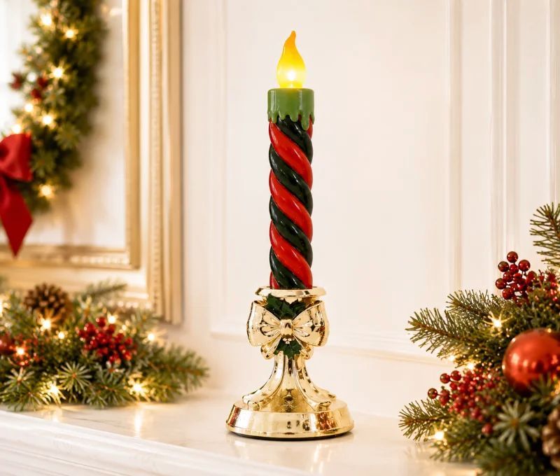 Bougie de Noël LED résine torsadée rouge et vert 32cm sur bougeoir doré avec nœud