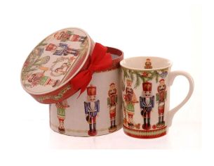 Mug porcelaine blanc motif casse-noisettes colorés guirlandes et boîte cadeau ronde assortie ruban rouge H11,5cm 320ml