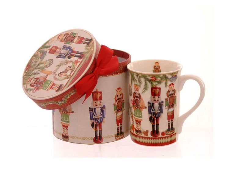 Mug porcelaine blanc motif casse-noisettes colorés guirlandes et boîte cadeau ronde assortie ruban rouge H11,5cm 320ml