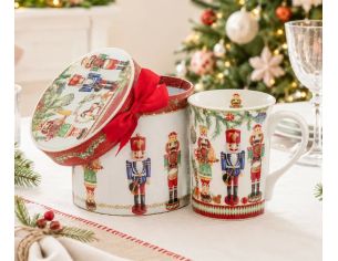 Mug porcelaine blanc motif casse-noisettes colorés guirlandes et boîte cadeau ronde assortie ruban rouge H11,5cm 320ml