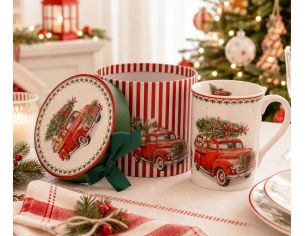 Mug droit porcelaine blanc illustration camion rouge vintage sapin cadeaux et boîte cadeau ronde rayée rouge blanc ruban vert