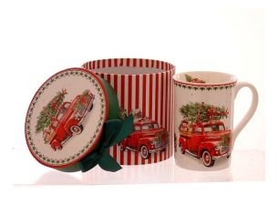 Mug droit porcelaine blanc illustration camion rouge vintage sapin cadeaux et boîte cadeau ronde rayée rouge blanc ruban vert