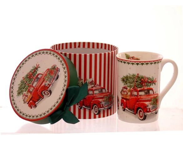 Mug droit porcelaine blanc illustration camion rouge vintage sapin cadeaux et boîte cadeau ronde rayée rouge blanc ruban vert