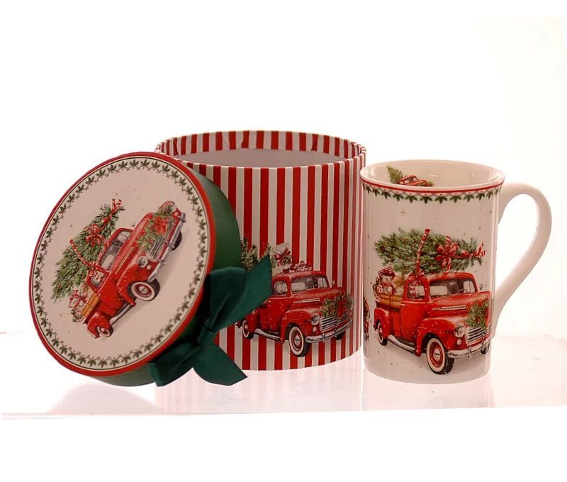 Mug droit porcelaine blanc illustration camion rouge vintage sapin cadeaux et boîte cadeau ronde rayée rouge blanc ruban vert