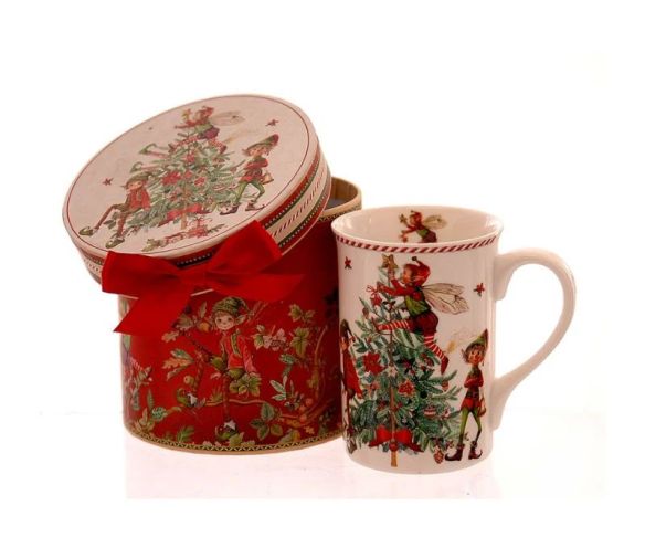 Mug droit porcelaine blanc illustration lutins féeriques décorant sapin Noël rouge vert boîte cadeau ronde rouge