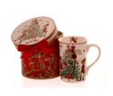 Voir la slide Mug droit porcelaine blanc illustration lutins féeriques décorant sapin Noël rouge vert boîte cadeau ronde rouge