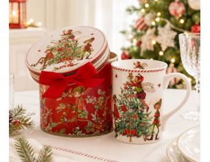 Mug droit porcelaine blanc illustration lutins féeriques décorant sapin Noël rouge vert boîte cadeau ronde rouge