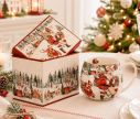Voir la slide Mug pansu porcelaine crème illustration Père Noël village enneigé maisons rouges sapins et boîte cadeau carrée assortie