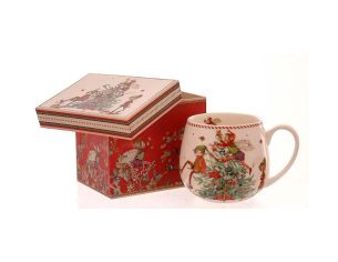 Mug pansu porcelaine crème illustration lutins féeriques sapin de Noël rouge vert et boîte cadeau carrée assortie H10,5cm