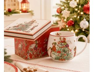 Mug pansu porcelaine crème illustration lutins féeriques sapin de Noël rouge vert et boîte cadeau carrée assortie H10,5cm