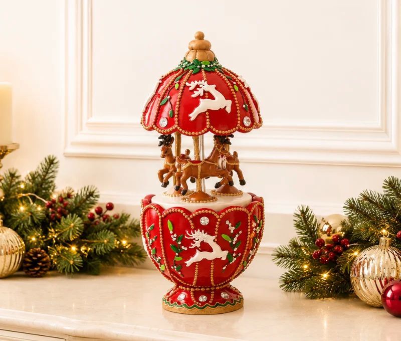 Boîte à musique de Noël rouge H17cm avec 3 rennes tournants, motifs houx et cabochons