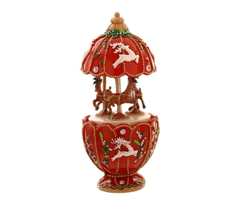 Boîte à musique de Noël rouge H17cm avec 3 rennes tournants, motifs houx et cabochons