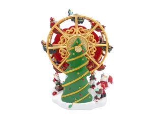 Boîte à musique grande roue de Noël en résine H14cm, rouge et or, avec sapin vert, enfants et Pères Noël en mouvement