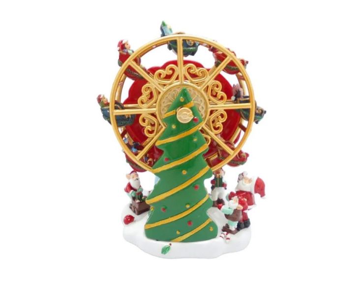 Boîte à musique grande roue de Noël en résine H14cm, rouge et or, avec sapin vert, enfants et Pères Noël en mouvement