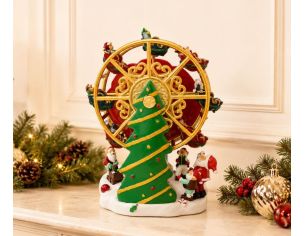Boîte à musique grande roue de Noël en résine H14cm, rouge et or, avec sapin vert, enfants et Pères Noël en mouvement