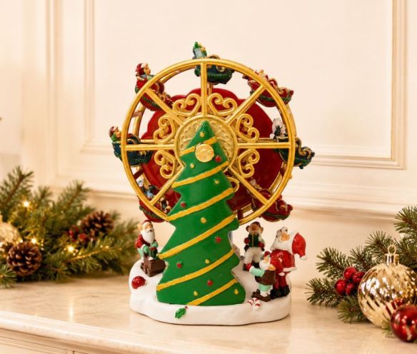 Boîte à musique grande roue de Noël en résine H14cm, rouge et or, avec sapin vert, enfants et Pères Noël en mouvement