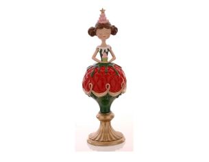 Figurine Noël résine brillante fille jupe boule rouge vert pied doré chapeau rose étoile dorée tenant un cupcake H32,5cm