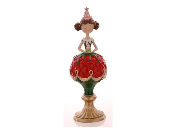 Figurine Noël résine brillante fille jupe boule rouge vert pied doré chapeau rose étoile dorée tenant un cupcake H32,5cm