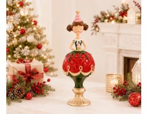 Figurine Noël résine brillante fille jupe boule rouge vert pied doré chapeau rose étoile dorée tenant un cupcake H32,5cm