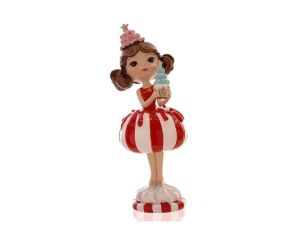 Figurine Noël résine fille robe boule rayée rouge blanc jupe volumineuse tenant un cupcake bleu chapeau rose étoile dorée H25cm