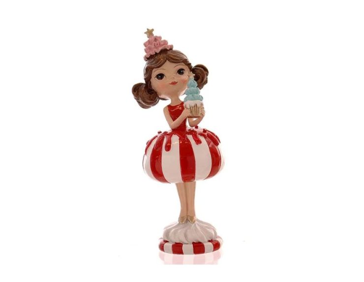 Figurine Noël résine fille robe boule rayée rouge blanc jupe volumineuse tenant un cupcake bleu chapeau rose étoile dorée H25cm