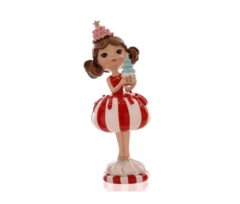 Figurine Noël résine fille robe boule rayée rouge blanc jupe volumineuse tenant un cupcake bleu chapeau rose étoile dorée H25cm