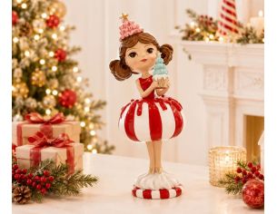 Figurine Noël résine fille robe boule rayée rouge blanc jupe volumineuse tenant un cupcake bleu chapeau rose étoile dorée H25cm