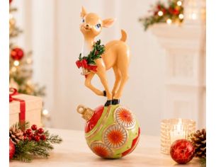 Figurine Noël résine biche faon beige couronne houx rouge nœud rouge debout sur grande boule vert rouge H27cm