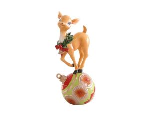 Figurine Noël résine biche faon beige couronne houx rouge nœud rouge debout sur grande boule vert rouge H27cm