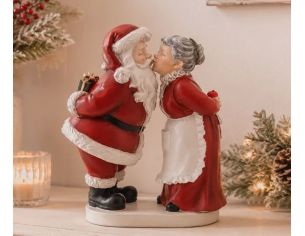 Figurine résine Père Noël rouge et Maman Noël tablier blanc cheveux gris s'embrassant tenant cadeaux H29cm