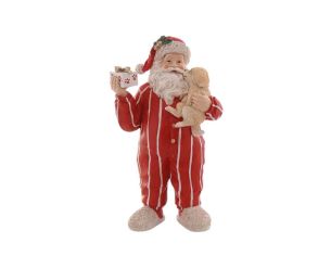 Figurine Noël résine Père Noël pyjama rayé rouge blanc tenant chiot beige et cadeau emballé pattes H30cm