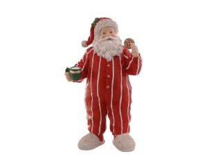 Figurine Noël résine Père Noël pyjama rayé rouge blanc tenant mug vert et biscuit pain d'épices chaussons moelleux H30cm