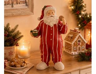 Figurine Noël résine Père Noël pyjama rayé rouge blanc tenant mug vert et biscuit pain d'épices chaussons moelleux H30cm
