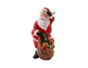Figurine Père Noël en résine 38cm portant une hotte avec cadeaux, sapin et ourson