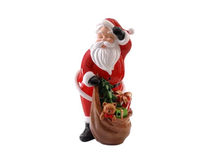 Figurine Père Noël en résine 38cm portant une hotte avec cadeaux, sapin et ourson