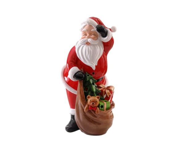 Figurine Père Noël en résine 38cm portant une hotte avec cadeaux, sapin et ourson