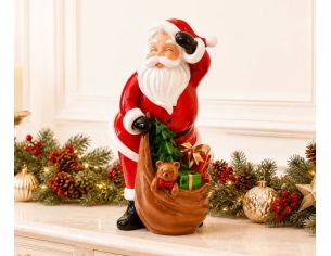 Figurine Père Noël en résine 38cm portant une hotte avec cadeaux, sapin et ourson