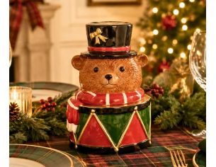 Boîte céramique ours soldat Noël tête beige couvercle chapeau noir nœud doré corps tambour rouge vert noir doré H24cm