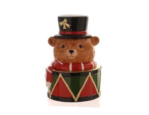 Boîte céramique ours soldat Noël tête beige couvercle chapeau noir nœud doré corps tambour rouge vert noir doré H24cm