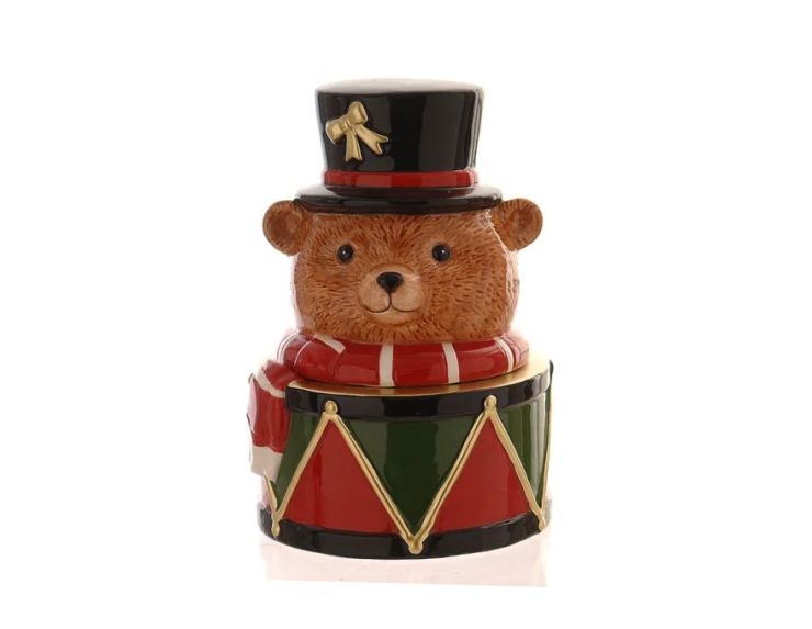 Boîte céramique ours soldat Noël tête beige couvercle chapeau noir nœud doré corps tambour rouge vert noir doré H24cm