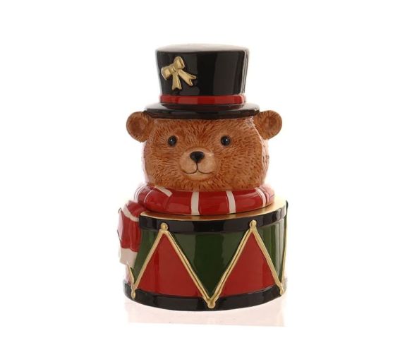 Boîte céramique ours soldat Noël tête beige couvercle chapeau noir nœud doré corps tambour rouge vert noir doré H24cm