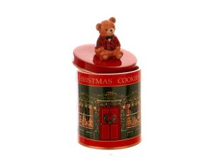 Boîte céramique cylindrique rouge vert motif boutique Christmas Cookies couvercle rouge ours tartan assis H19cm